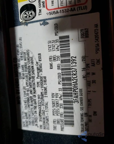 2012 Ford Fusion Se из США, поврежденный, VIN 3FAHP0HA2CR371392